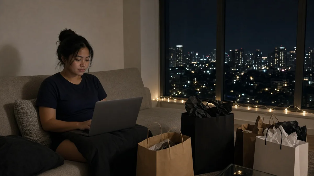 A shopper on a condo sofa with a laptop and shopping bags during a late-night online sale.