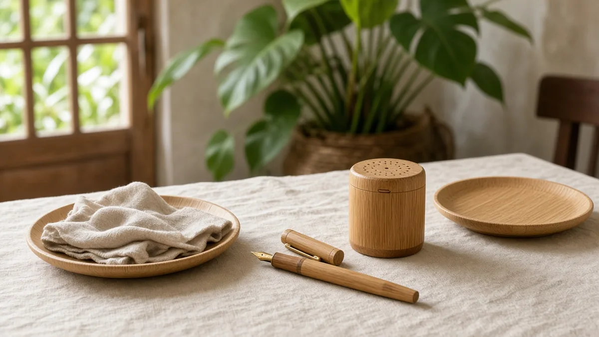 Bamboo plates, a small speaker, and a pen arranged as gifts on a linen table.