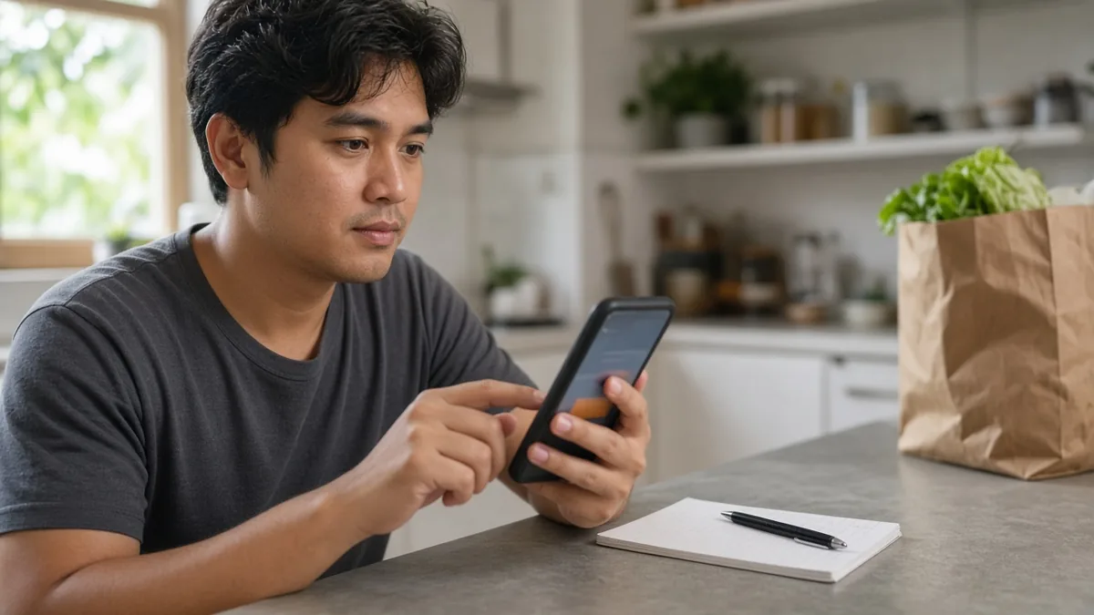 A shopper pausing with a finger over a phone checkout button.