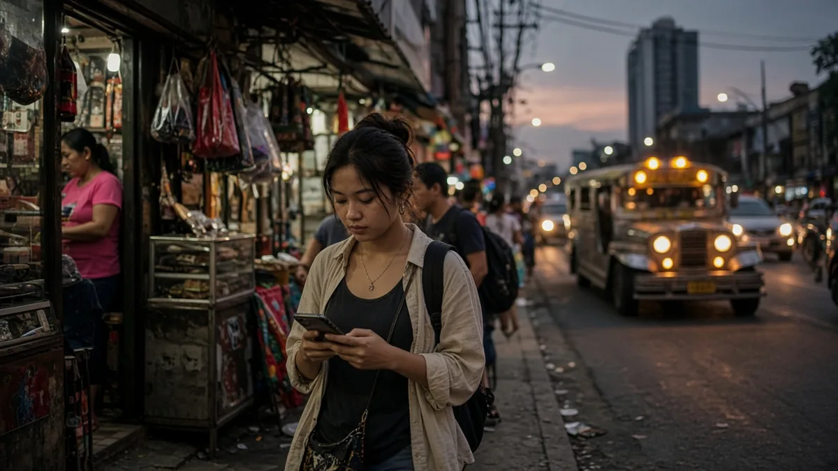 A shopper walking a busy Philippine street while looking at a phone.