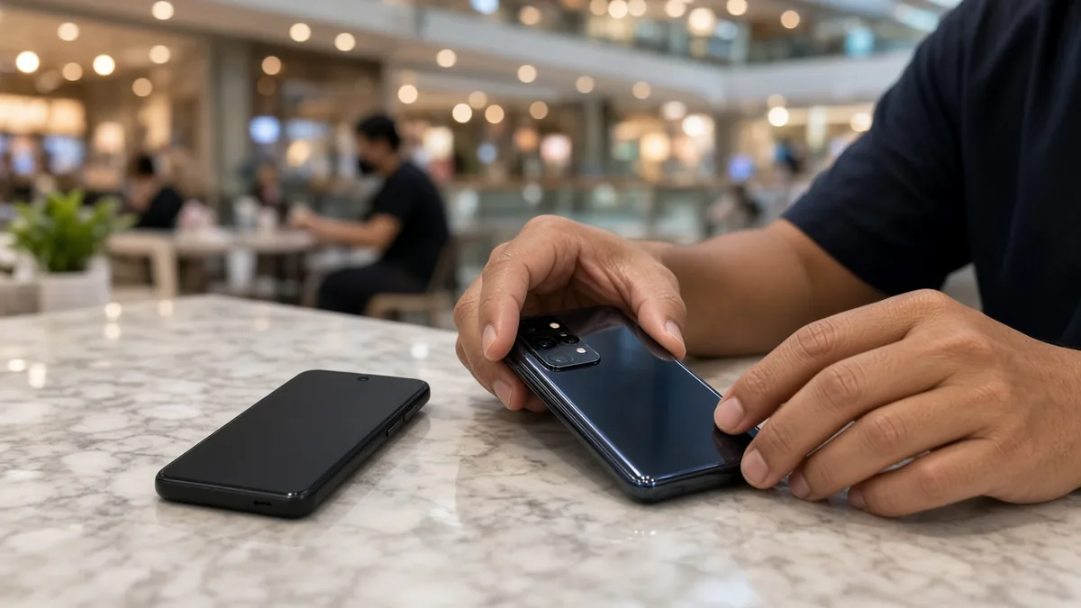 A shopper comparing a modest phone and a larger flagship phone on a cafe counter.