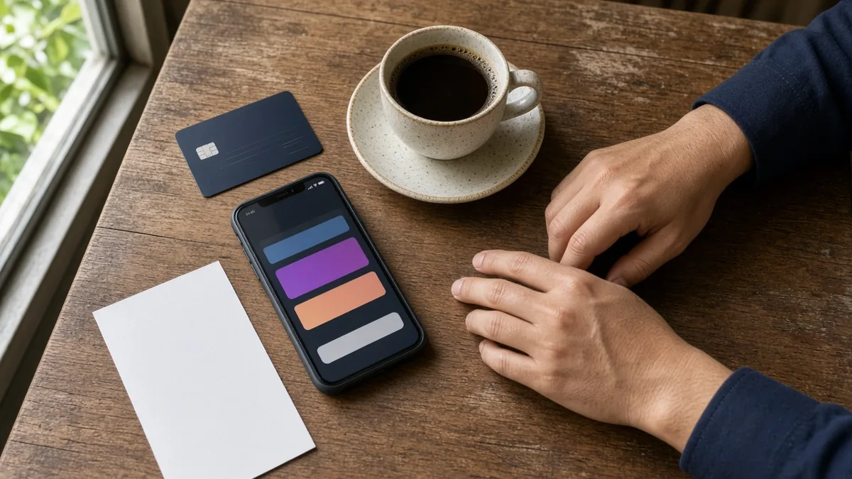 A bank card and a phone on a cafe table while a shopper compares a checkout total.