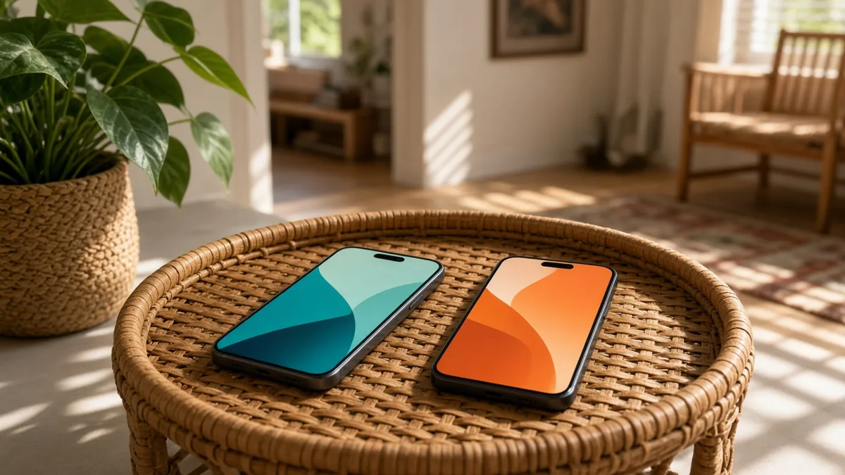 Two phones on a rattan tray, one showing a wallet screen and one a shopping screen.