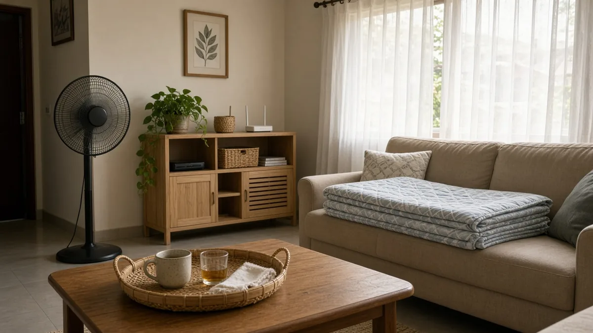 A living room with a fan, a router, and a bamboo tray on the coffee table.