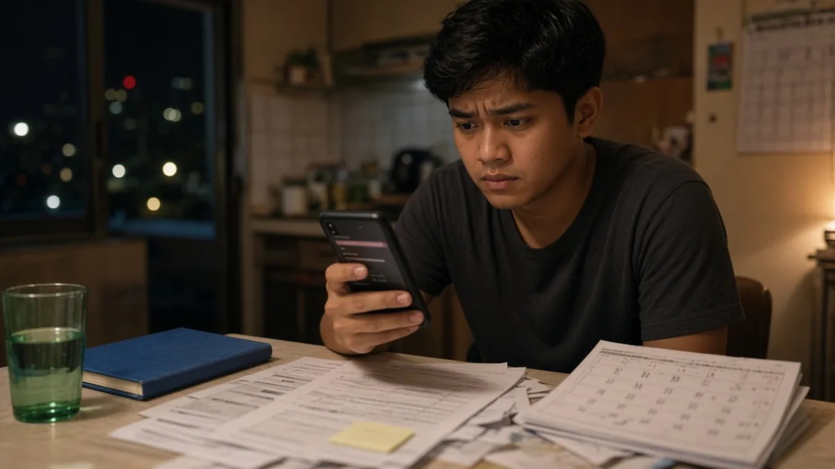 A shopper at a kitchen table at night checking a phone payment reminder beside household bills.