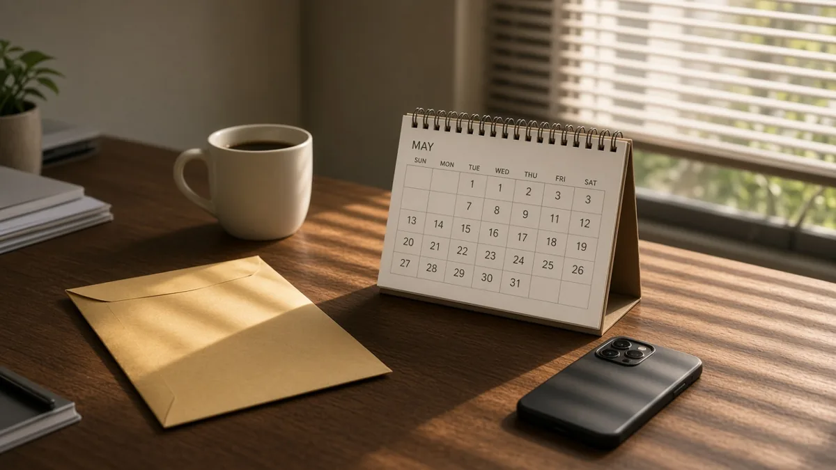 A payday desk with an envelope, a calendar, and a phone face down.