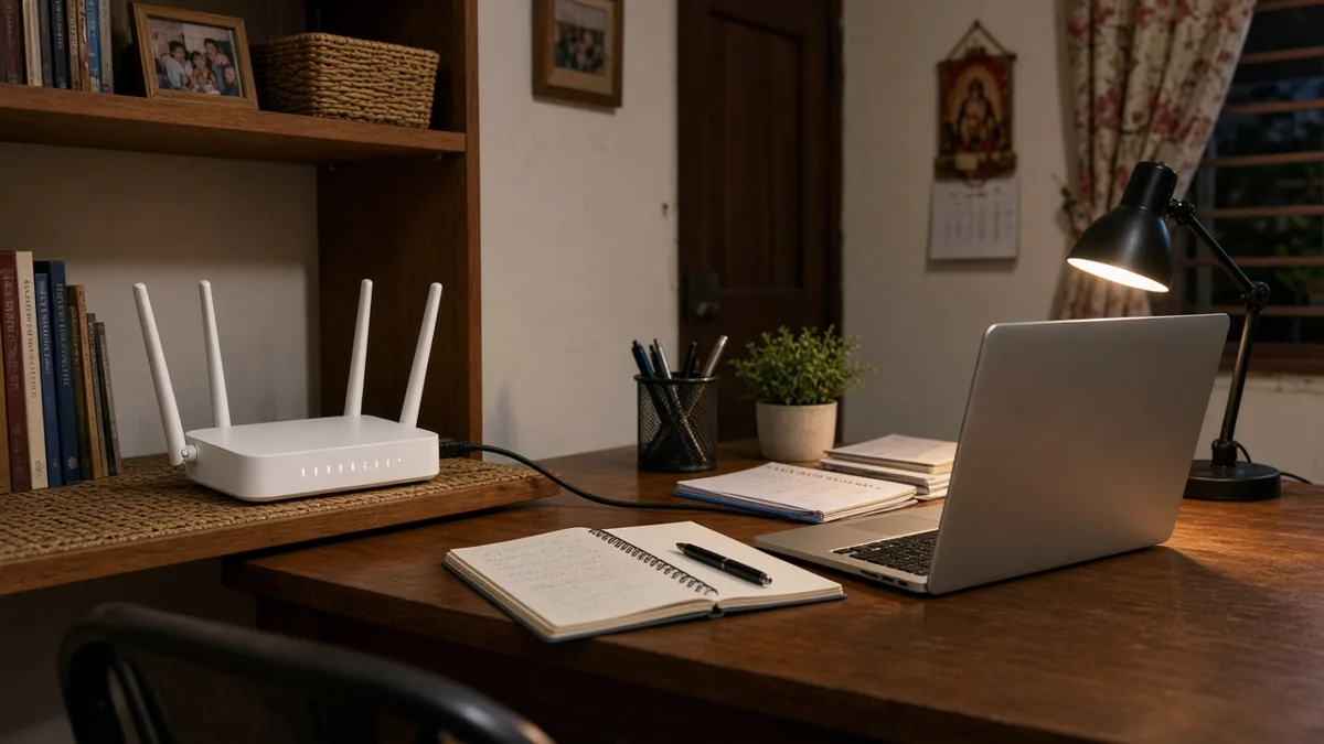 A home router on a shelf beside a laptop set up for remote work.