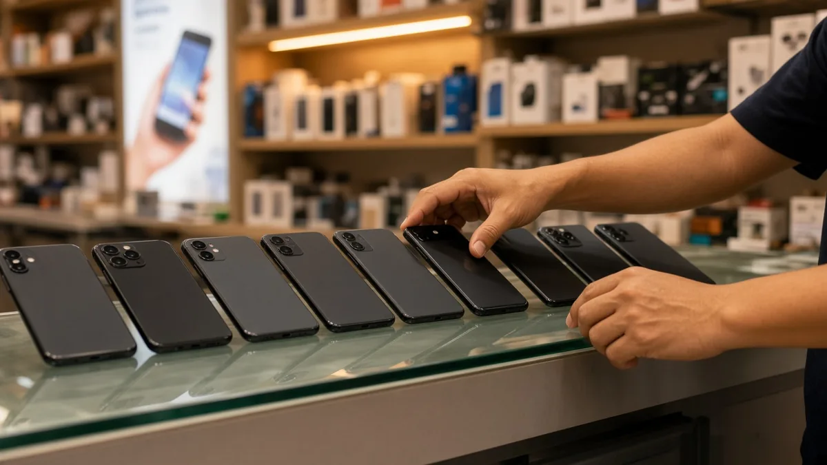 Several smartphones laid out on a glass counter in a small phone shop.