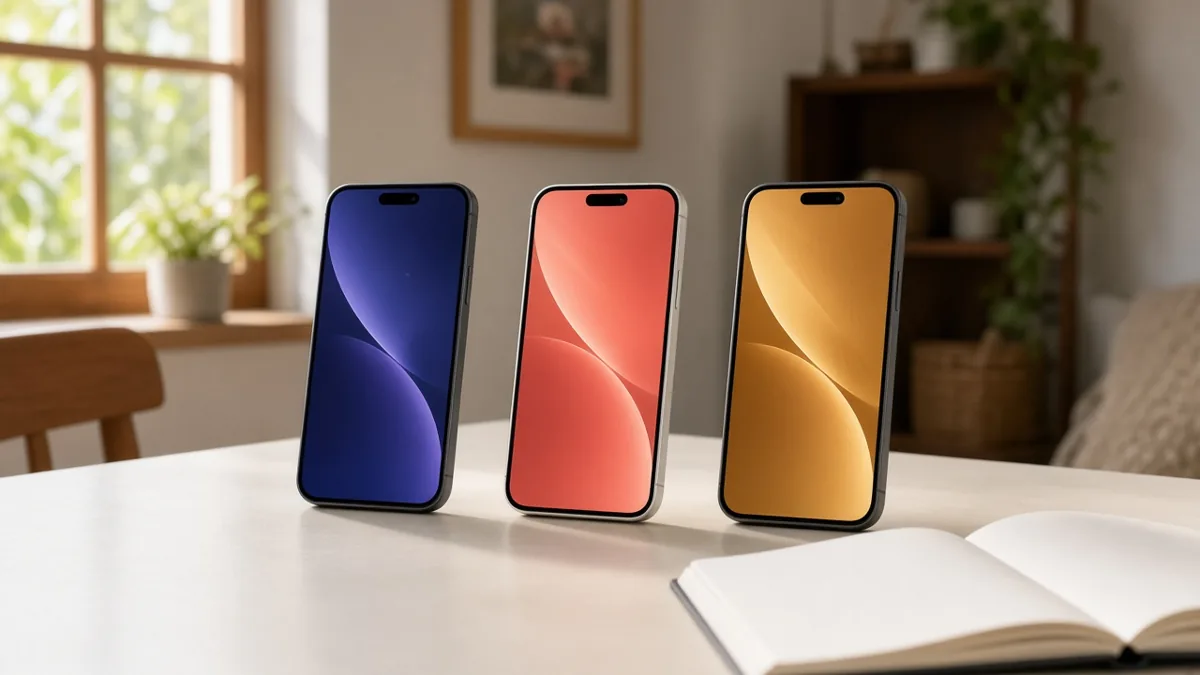 Three phones in a row on a desk, each with a different colored checkout screen.