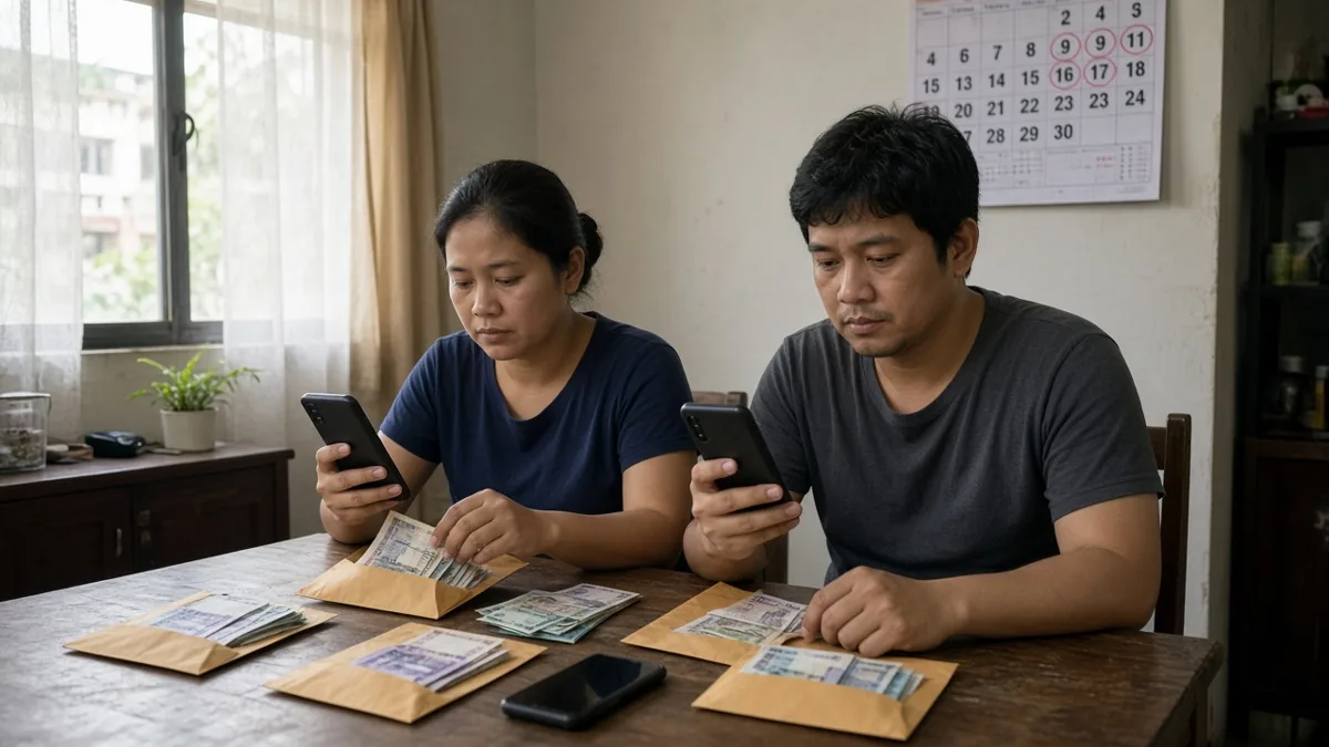 A couple at a dining table reviewing cash envelopes and several phone payment screens.