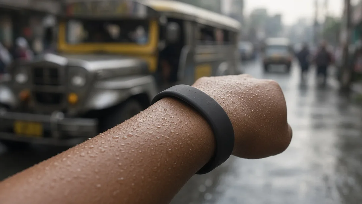 A commuter's wrist wearing a simple fitness band on a rainy city street.