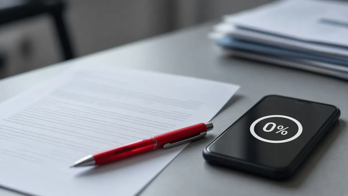 A phone and a blurred contract on a desk while someone reviews installment terms.