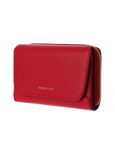[Metal Textured Women s Wallet with Zipper Red (Miniso)] Metal Textured Women s Wallet with Zipper Red